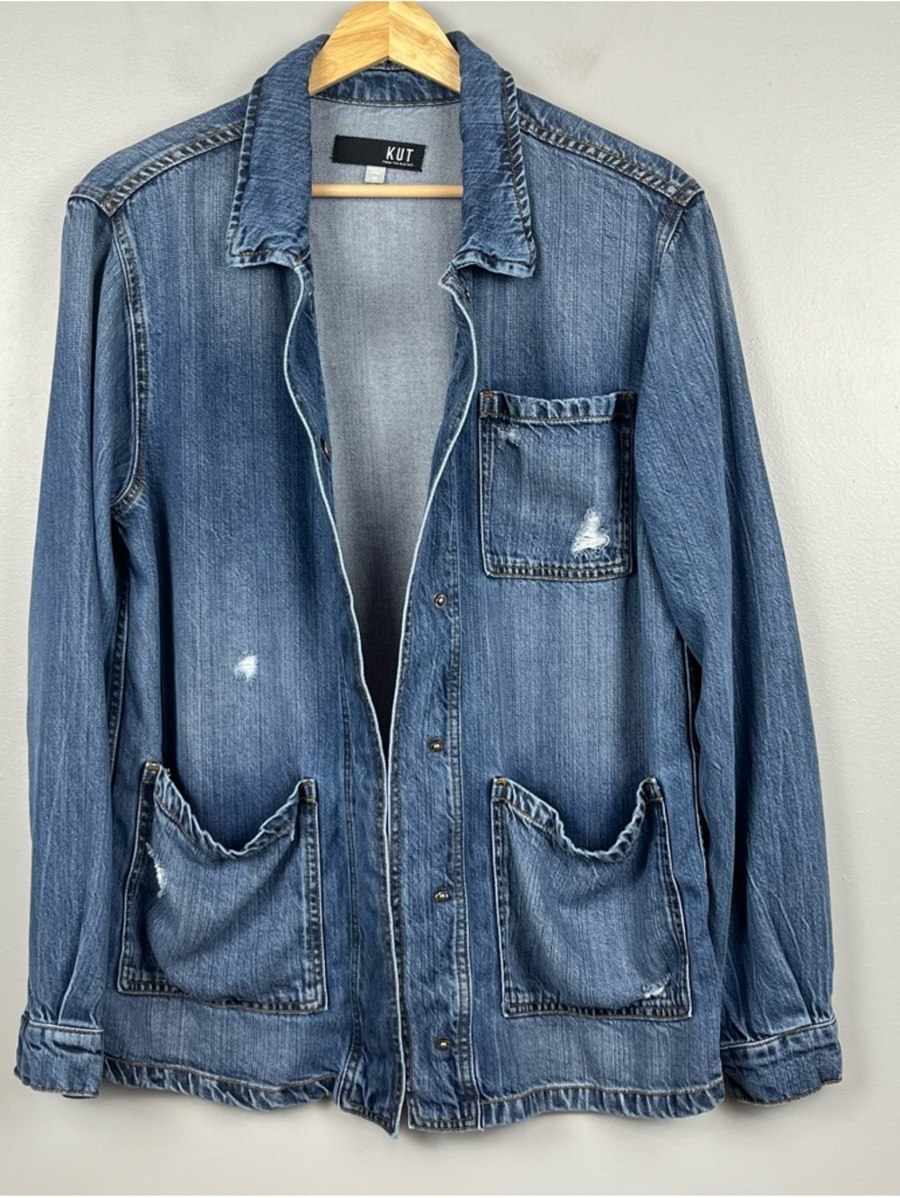 Kut From The Kloth Llysa distressed denim chore jacket, medium. 100% Lyocell.